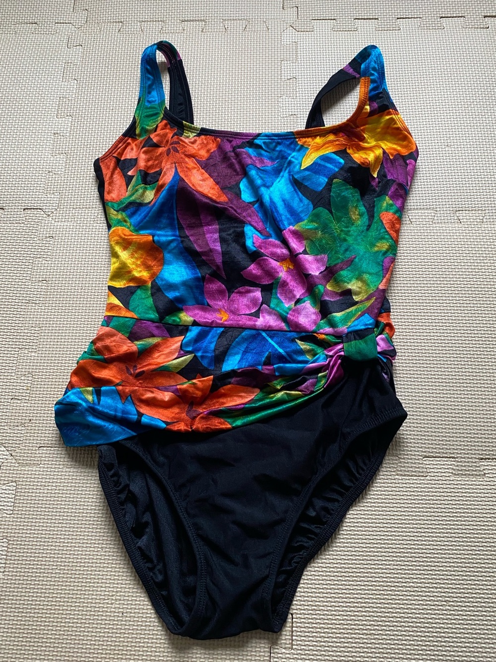 Longitude Vintage Colorful Floral Black One-Piece Swimsuit Size 16